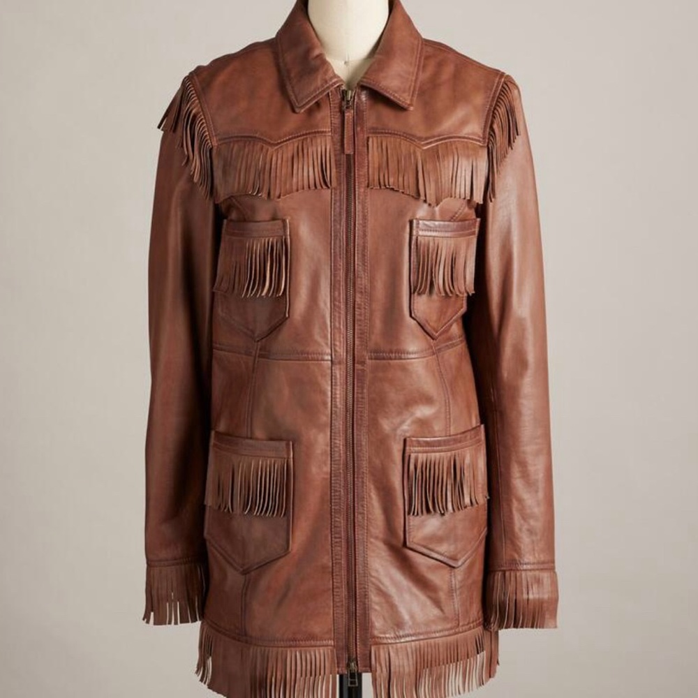 Sundance Chestnut Brown Fringe Leather Jacket - Picture 4 of 7
